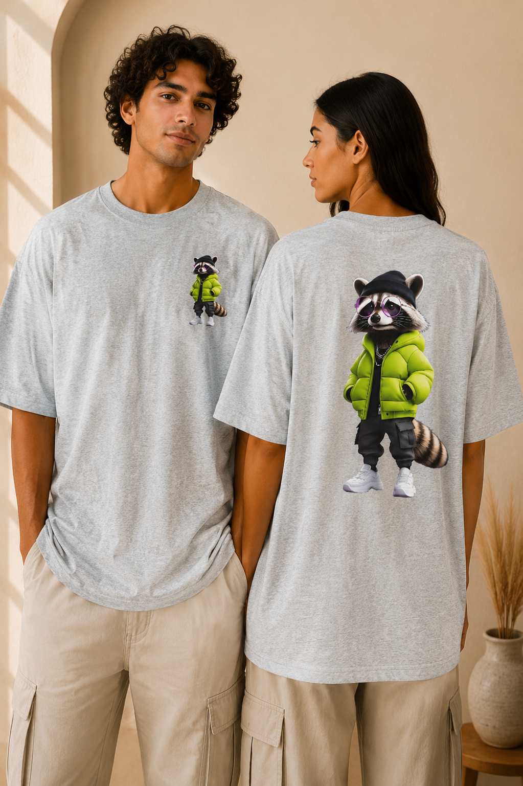 Oversized Tee | Streetwear Raccoon Front & Back Print