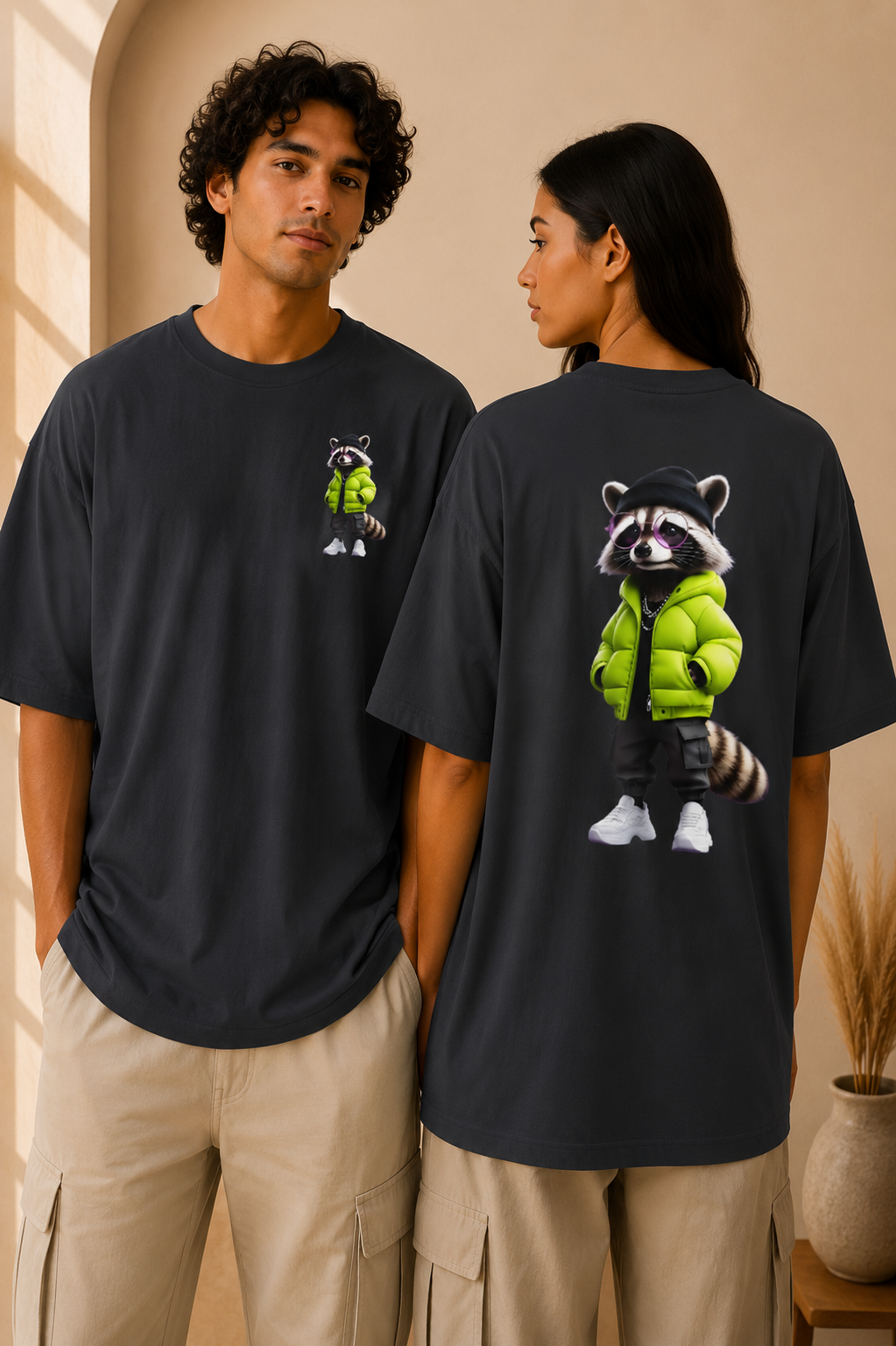 Oversized Tee | Streetwear Raccoon Front & Back Print