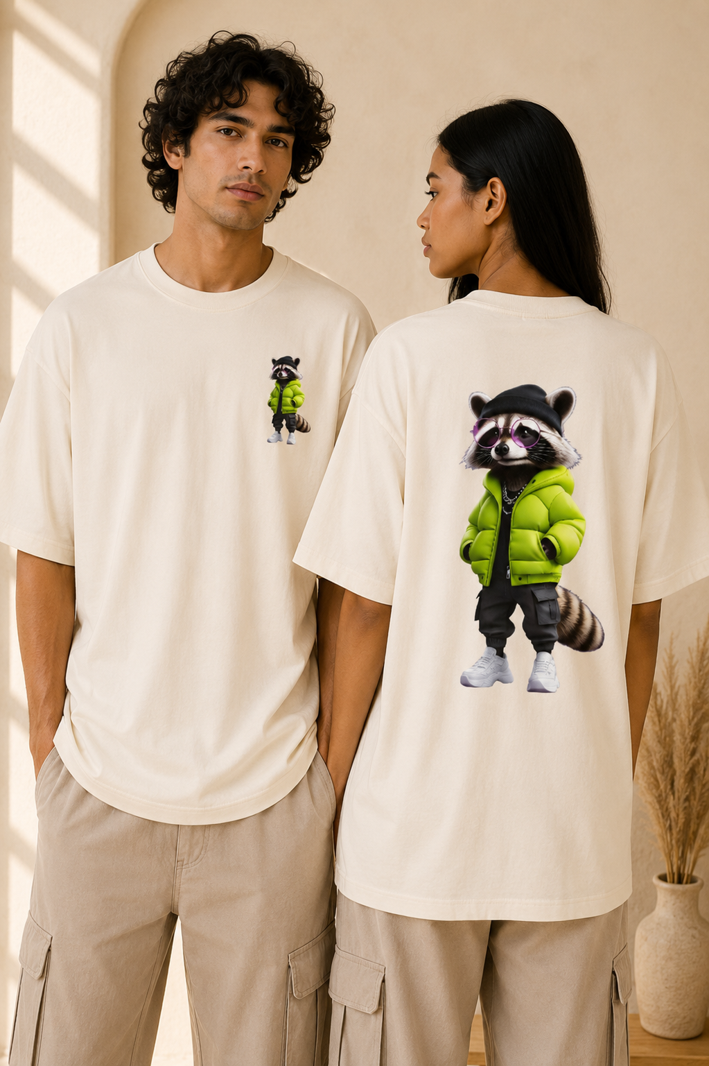 Oversized Tee | Streetwear Raccoon Front & Back Print