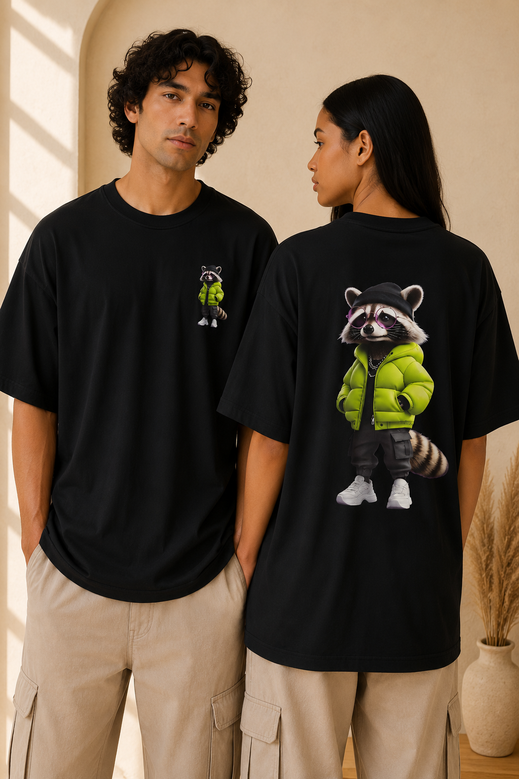 Oversized Tee | Streetwear Raccoon Front & Back Print