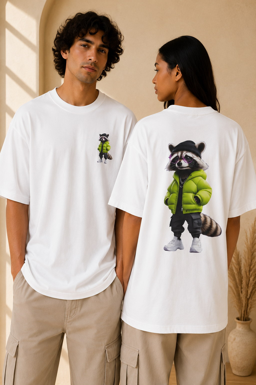 Oversized Tee | Streetwear Raccoon Front & Back Print