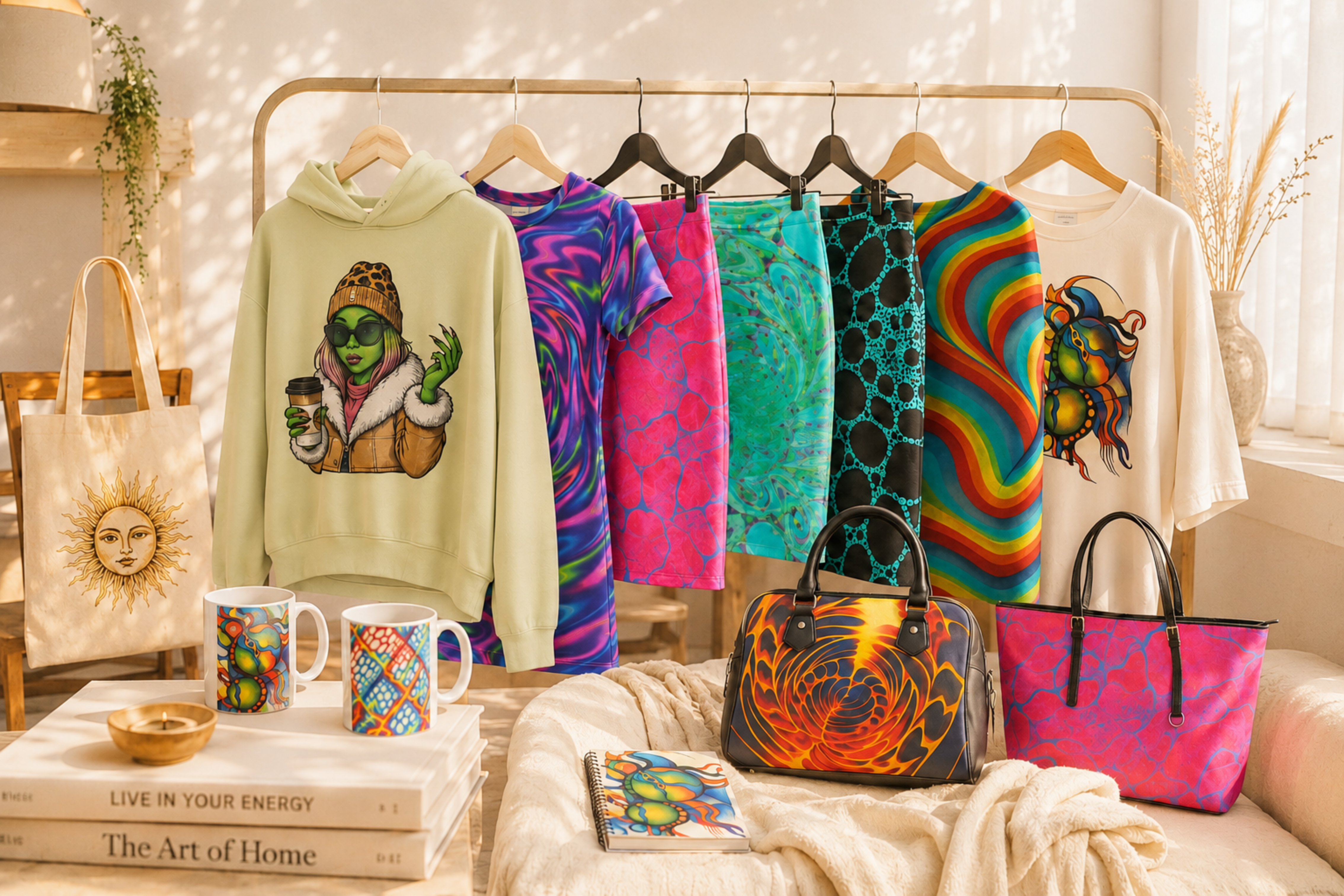 A thoughtfully arranged collection of colorful StudioDeLuz clothing, bags, mugs, and accessories is displayed in a warm, sunlit interior, celebrating different moods, personalities, and ways of self-expression while inviting you to explore the collection and discover what feels right for you today.