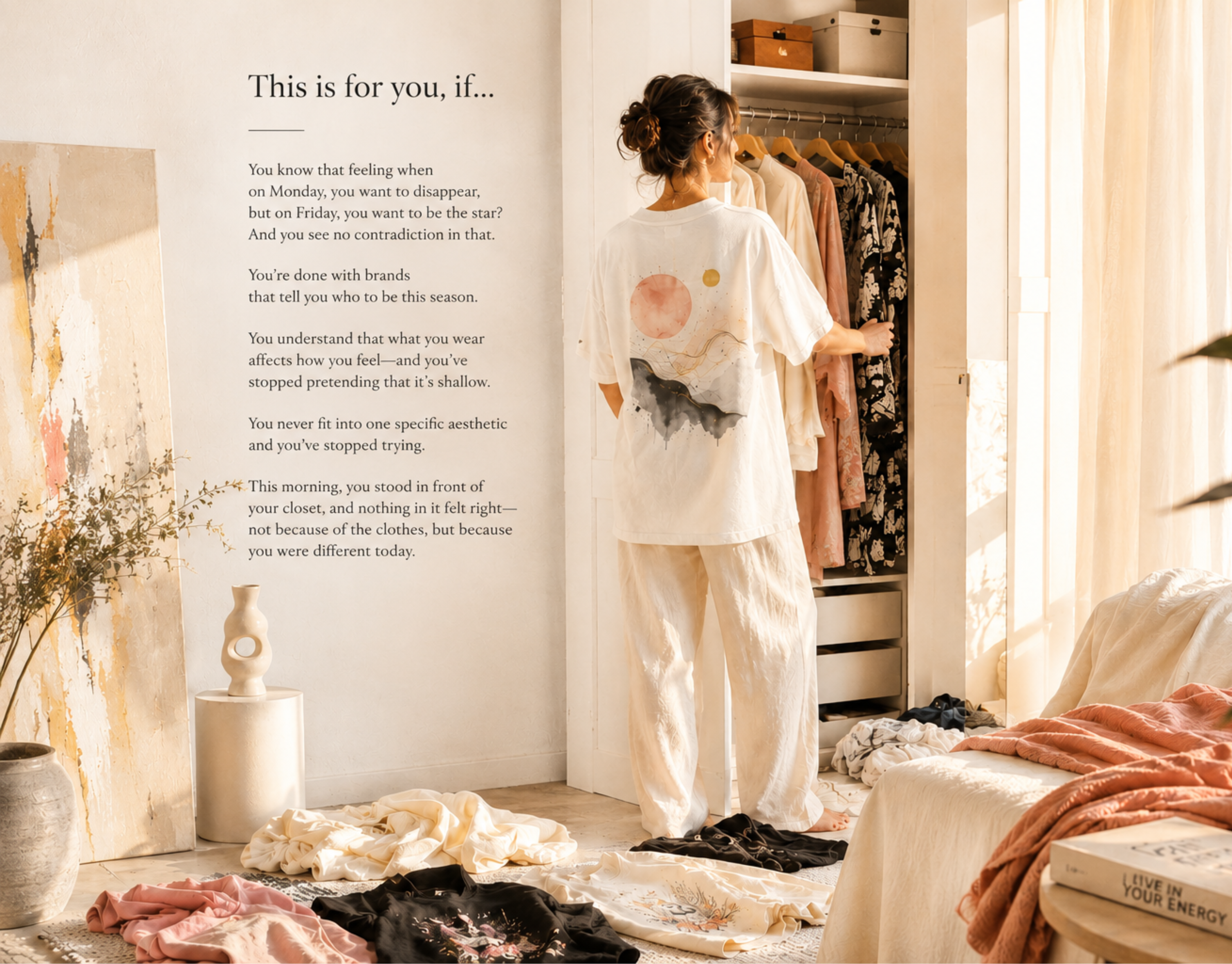 A woman stands in front of an open wardrobe in a sunlit bedroom, thoughtfully looking through clothes of different colors and styles while several outfits lie on the floor around her, capturing the quiet moment of searching for clothing that matches how she feels rather than simply what she plans to wear.