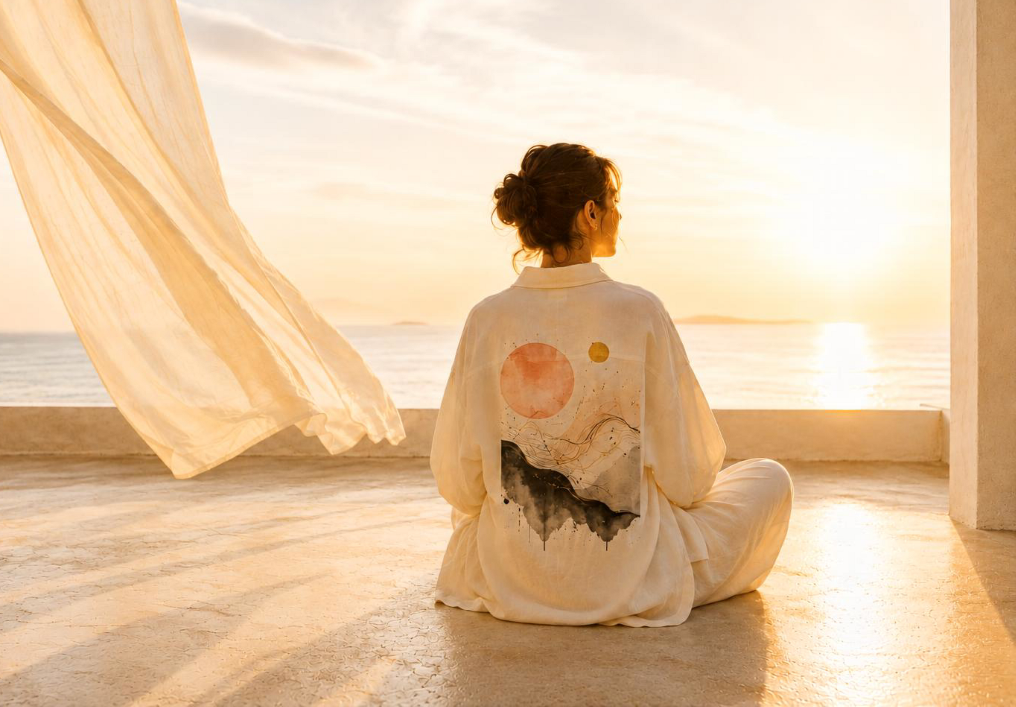 A woman sits quietly facing the ocean at sunrise, dressed in light, flowing clothing with an artistic landscape print on the back, as a soft curtain moves in the sea breeze, creating a peaceful moment of reflection before the day begins and inviting the viewer to reconnect with themselves.