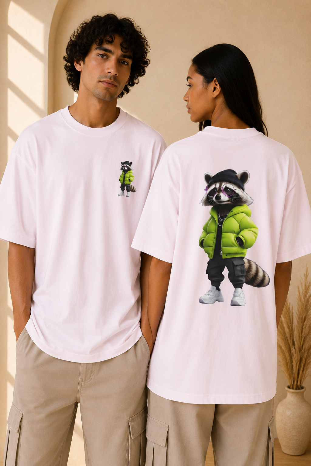 Light pink oversized unisex T-shirt featuring a 3D cartoon raccoon in a lime green puffer jacket, black cap, purple sunglasses, and white sneakers — displayed front (small chest graphic) and back (large center print) on two models, Studio DeLuz.