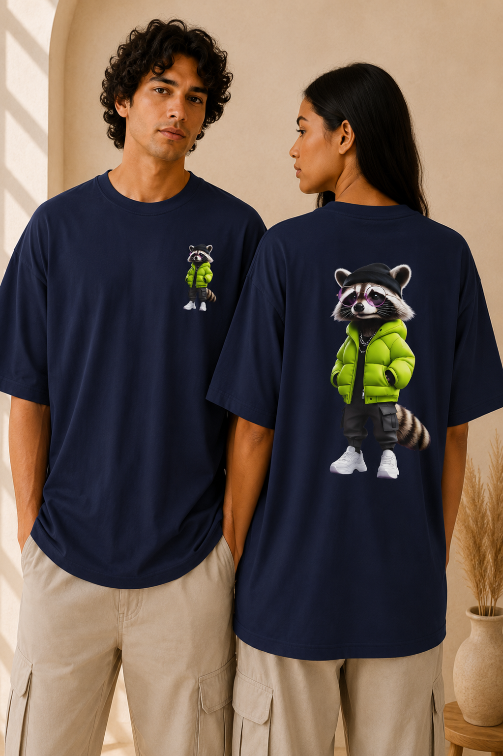Navy oversized unisex T-shirt featuring a 3D cartoon raccoon in a lime green puffer jacket, black cap, purple sunglasses, and white sneakers — displayed front (small chest graphic) and back (large center print) on two models, Studio DeLuz.