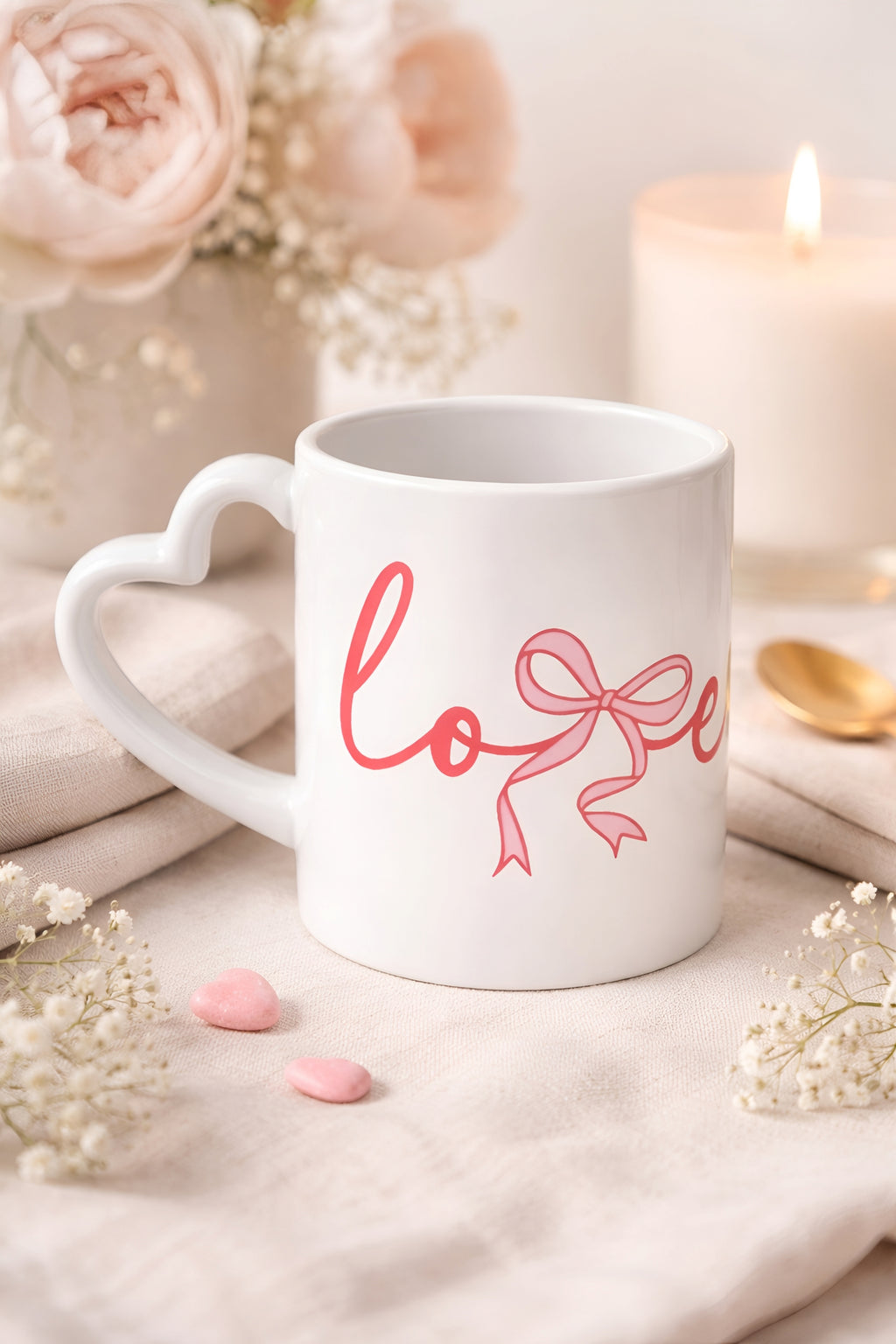 Heart Handle Mug | White Ceramic Coffee Cup, Valentine's Day Gift