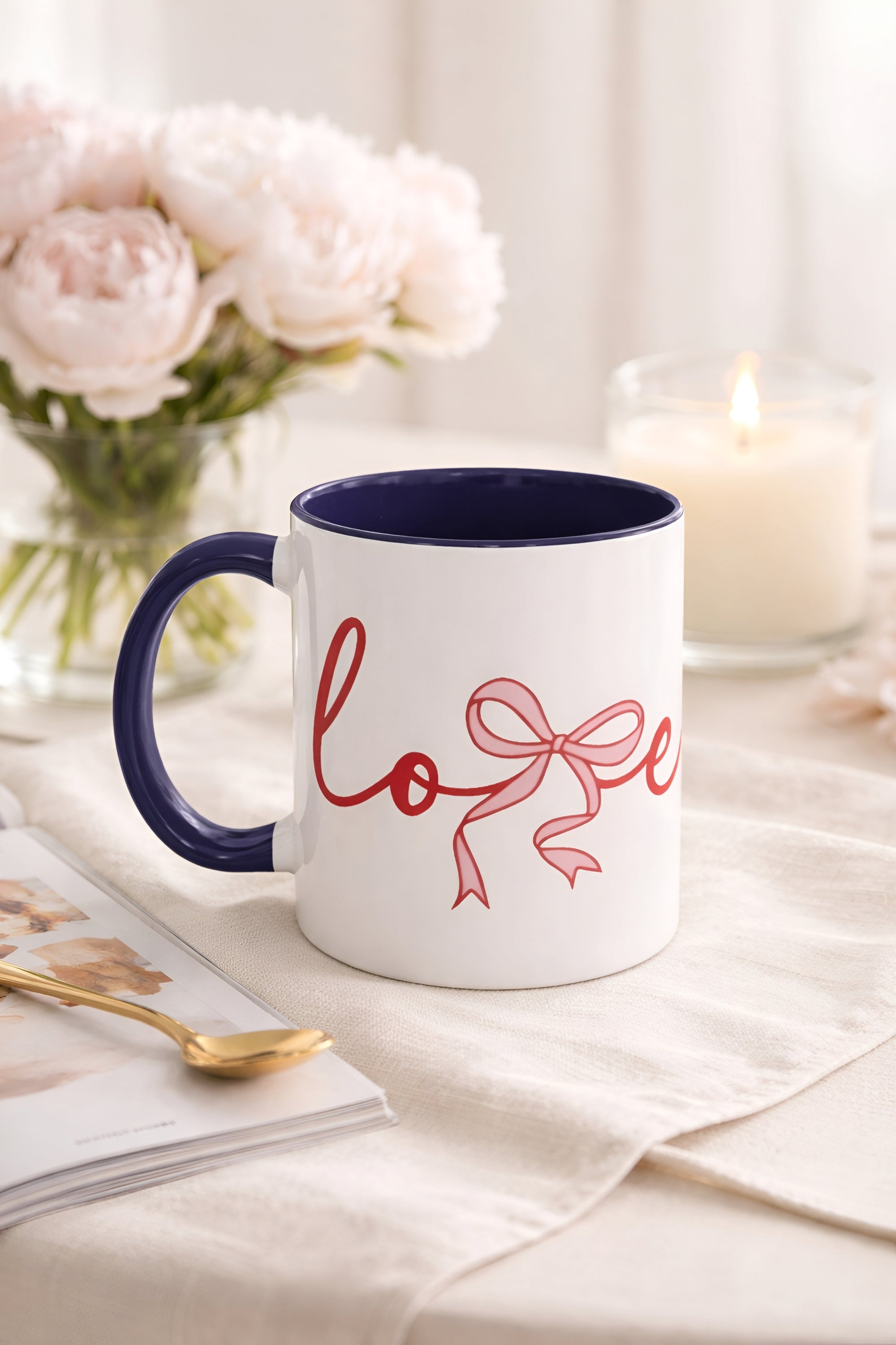Romantic Love Mug | White Ceramic Coffee Cup with Red Bow Design, Colored Handle