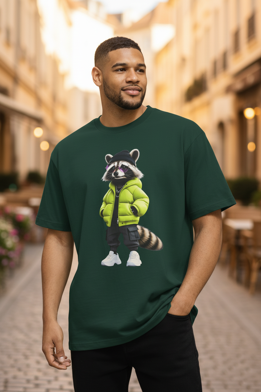 Forest green oversized unisex T-shirt with a large center-front 3D cartoon raccoon graphic wearing a lime green puffer jacket, black cap, purple sunglasses, and white sneakers — worn on a warm European cobblestone street, Studio DeLuz.