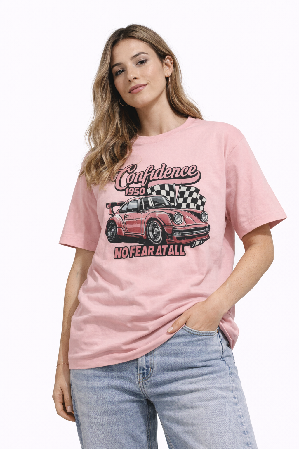 Vintage Pink Porsche 1950 Racing Tee | Confidence No Fear At All