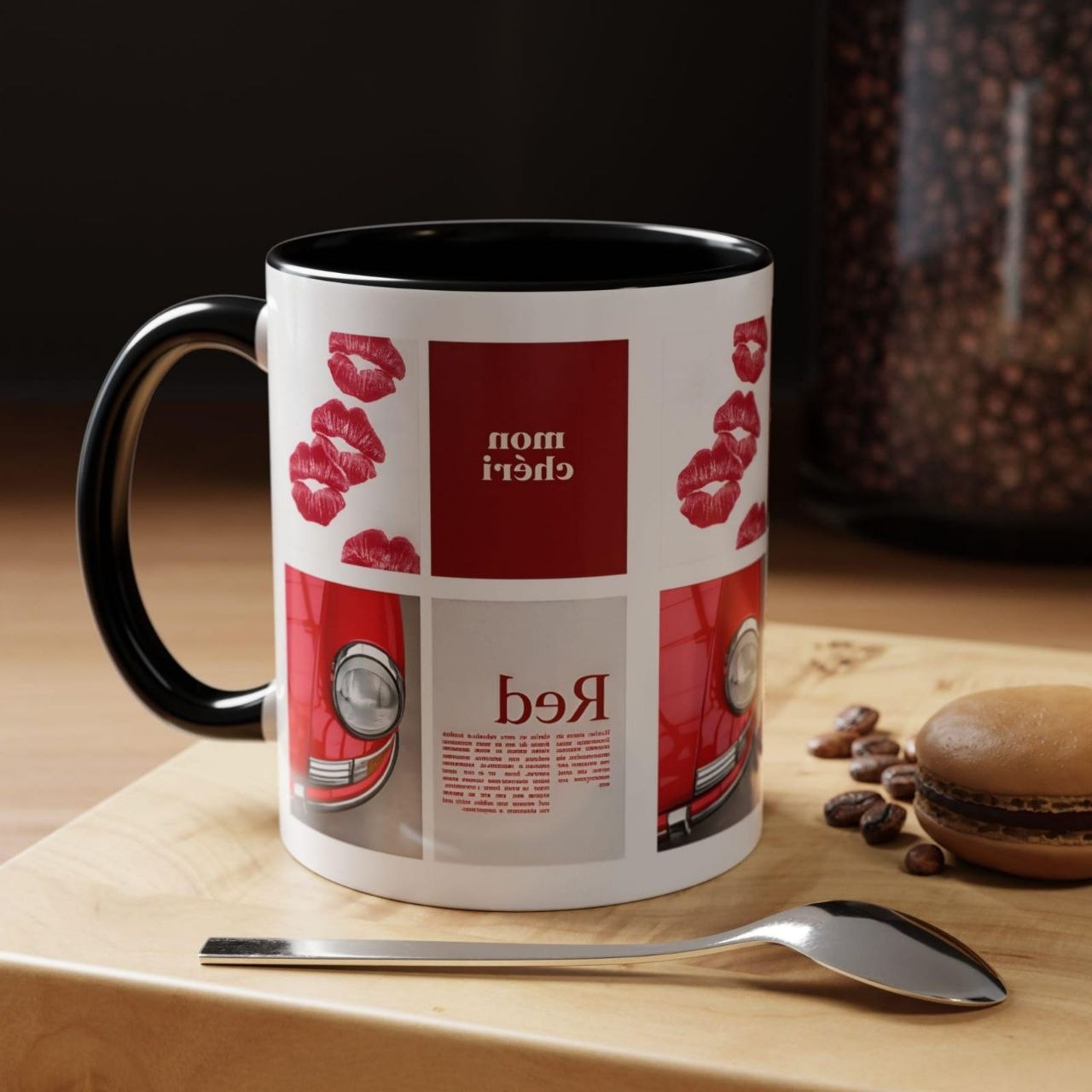 Red Mug | Vintage Car & Kiss Print Coffee Cup | Colorful Ceramic