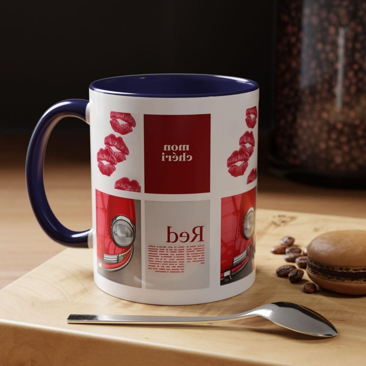 Red Mug | Vintage Car & Kiss Print Coffee Cup | Colorful Ceramic