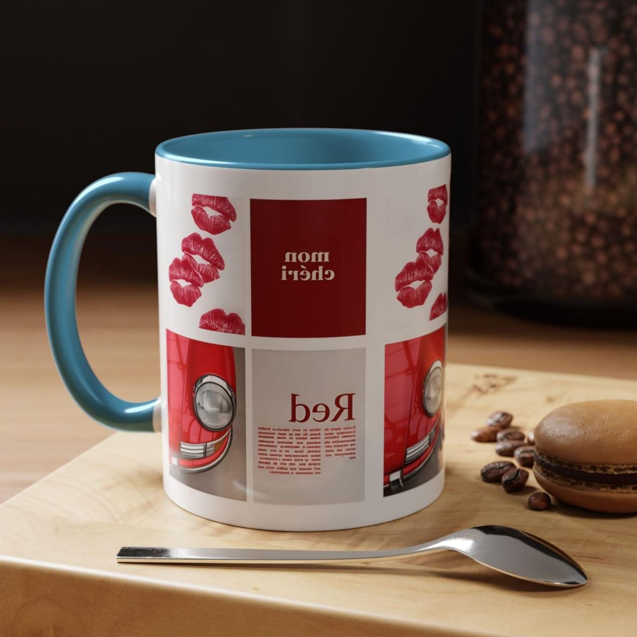 Red Mug | Vintage Car & Kiss Print Coffee Cup | Colorful Ceramic