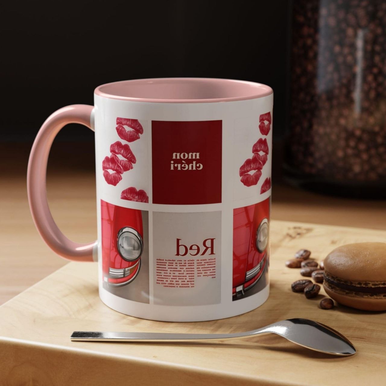 Red Mug | Vintage Car & Kiss Print Coffee Cup | Colorful Ceramic