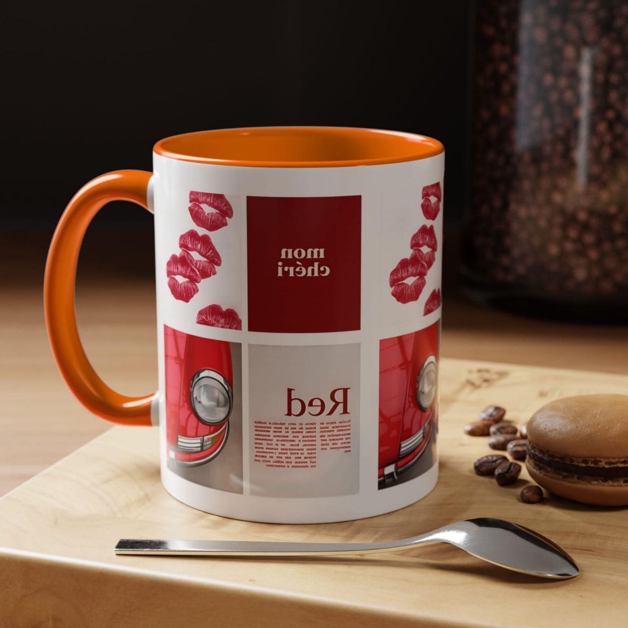 Red Mug | Vintage Car & Kiss Print Coffee Cup | Colorful Ceramic