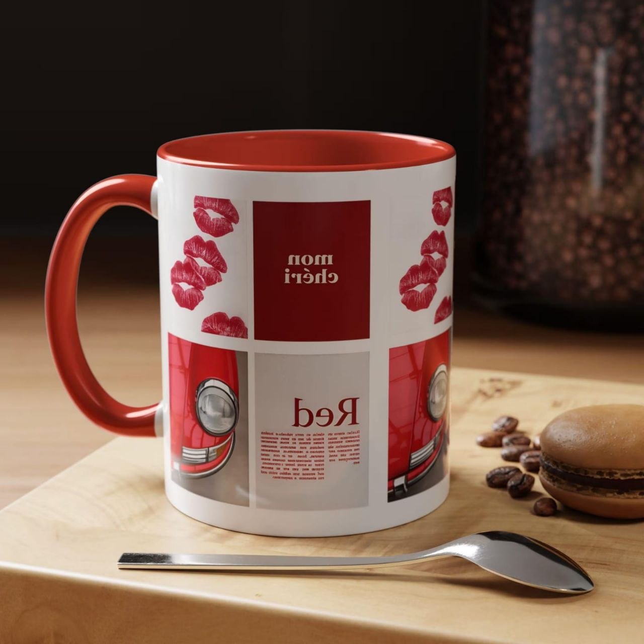 Red Mug | Vintage Car & Kiss Print Coffee Cup | Colorful Ceramic