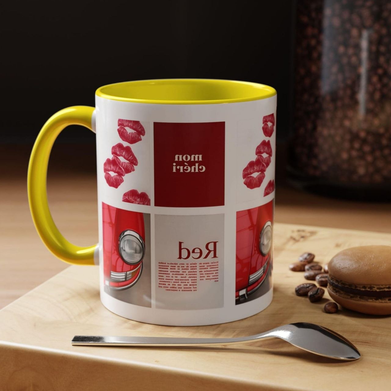 Red Mug | Vintage Car & Kiss Print Coffee Cup | Colorful Ceramic