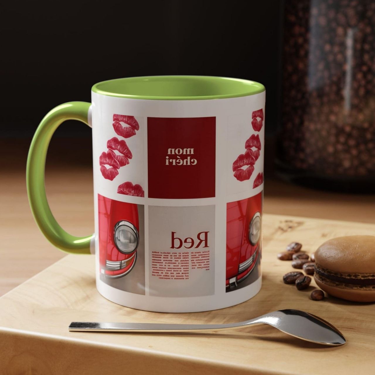 Red Mug | Vintage Car & Kiss Print Coffee Cup | Colorful Ceramic