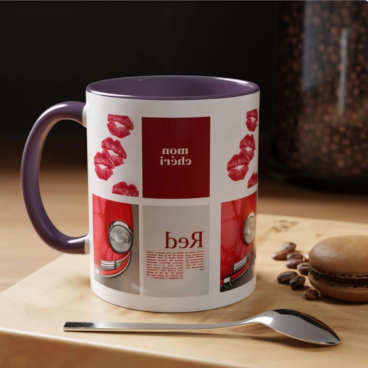 Red Mug | Vintage Car & Kiss Print Coffee Cup | Colorful Ceramic