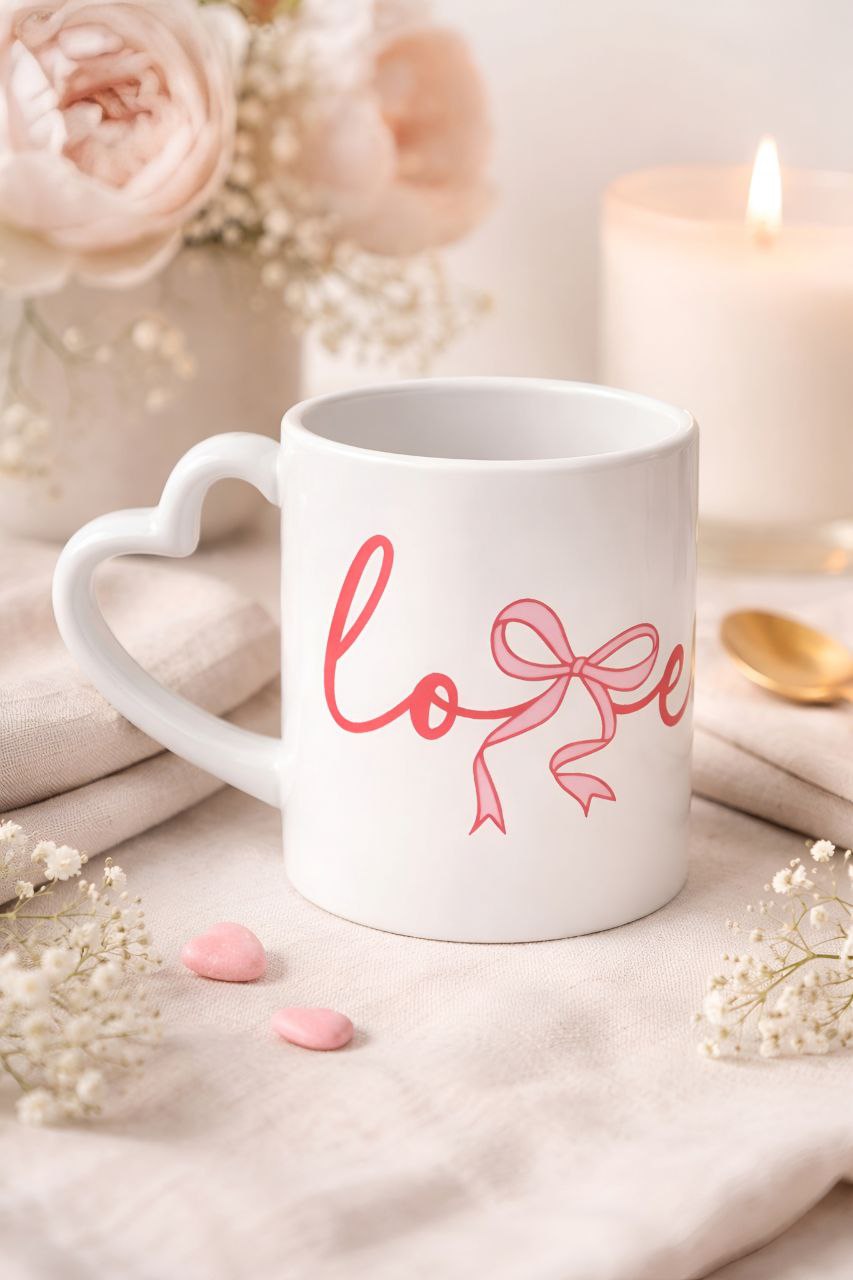 Heart Handle Mug | White Ceramic Coffee Cup, Valentine's Day Gift